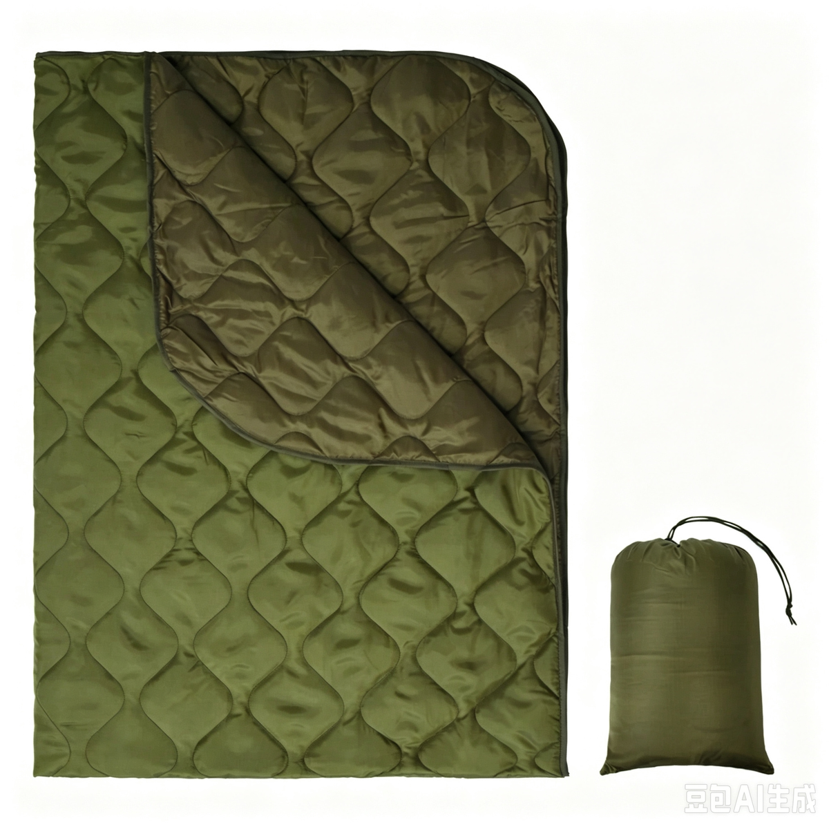 Olive Green Reversible Packable Puffy Camping Blanket, Wave Quilted Water Resistant Outdoor Throw with Storage Sack